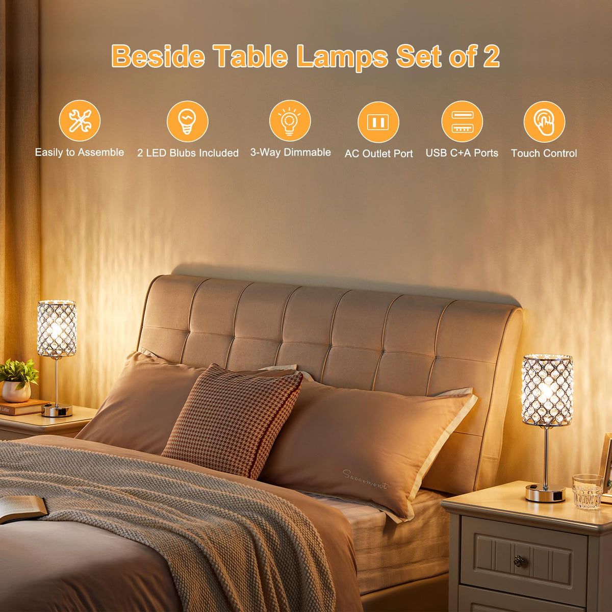 Sliver Crystal Table Lamps for Bedroom Set of 2, Nightstand Touch Lamp