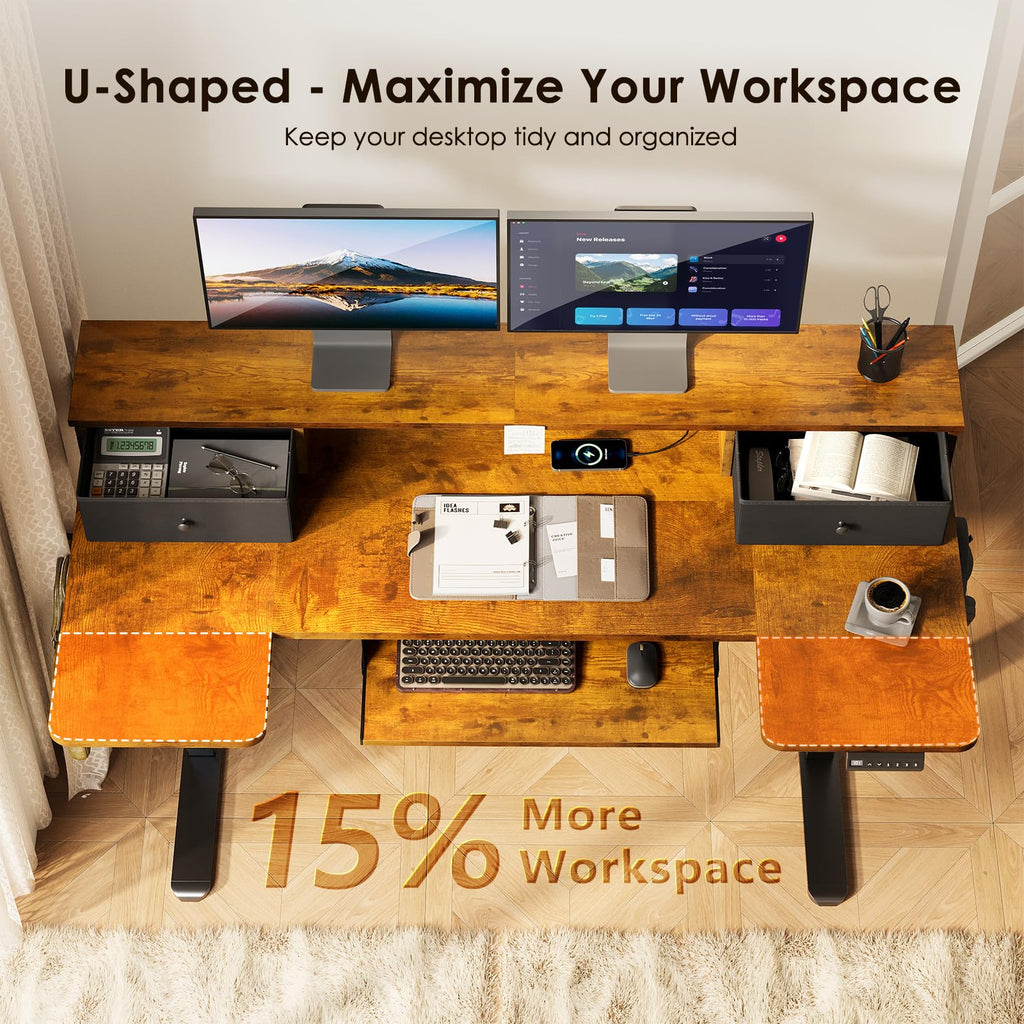 U Shaped Electric Standing Desk with Drawers, 55 Inch Height Adjustable Desk with Keyboard Tray ＆ Ergonomic Monitor Stand, Sit Stand Table with Power Outlets for Home, Office, Rustic Brown