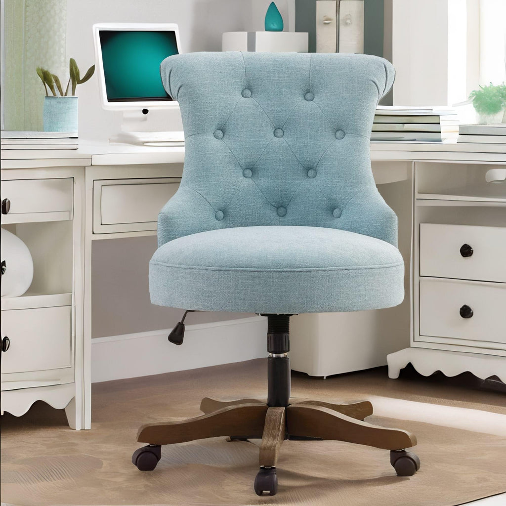 Home Office Chair Upholstered Armless Desk Chair with Wheels Adjustable Height Computer Desk Chair with Wooden Legs Comfortable Linen Swivel Chairs for Home Office Study Studio (Teal)