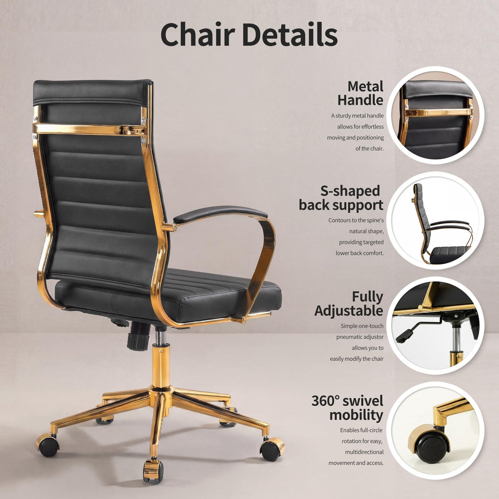 Gold Office Desk Chair, Ergonomic Leather Modern Conference Room Chairs, Executive Ribbed Height Adjustable Swivel Rolling Golden Chair for Home Office.