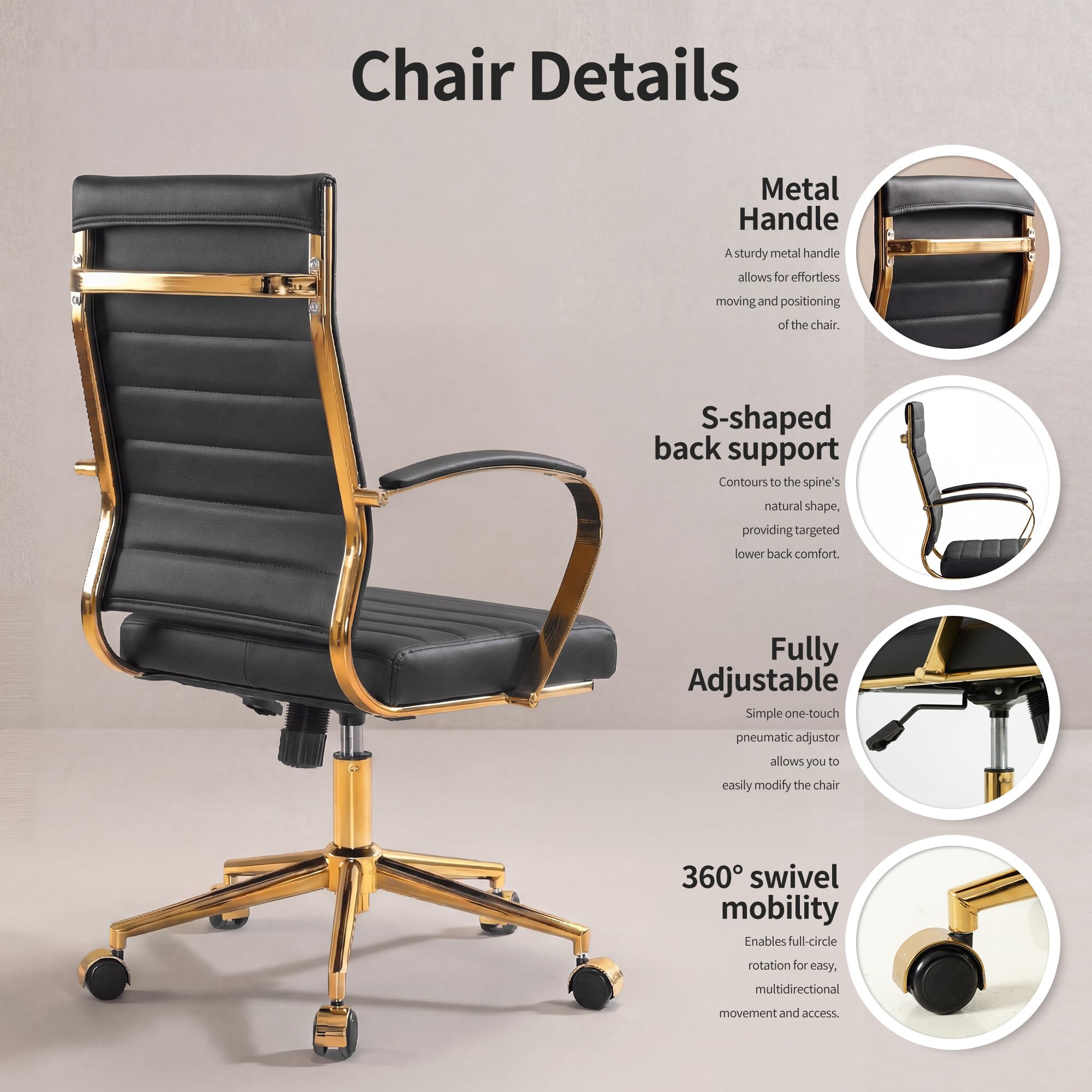 Gold Office Desk Chair, Ergonomic Leather Modern Conference Room Chairs, Executive Ribbed Height Adjustable Swivel Rolling Golden Chair for Home Office.