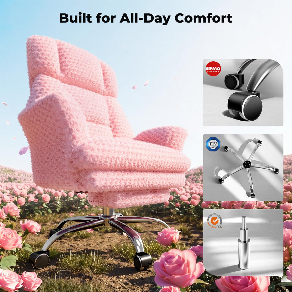 Big and Tall Office Chair, Flip Armrests for Pets & Cross Legged Sitting, Executive Ergonomic Computer Gaming Chair with Foot Rest, Rose Velvet Pink Wide Seat Reclining Desk Chair