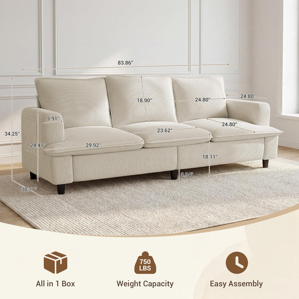 3 Seater Couch, 83" Comfy Corduroy Sofa with Deep Seat, Modern Sofa Couch for Living Room, Office, Bedroom, Apartment (Pillows not Included)