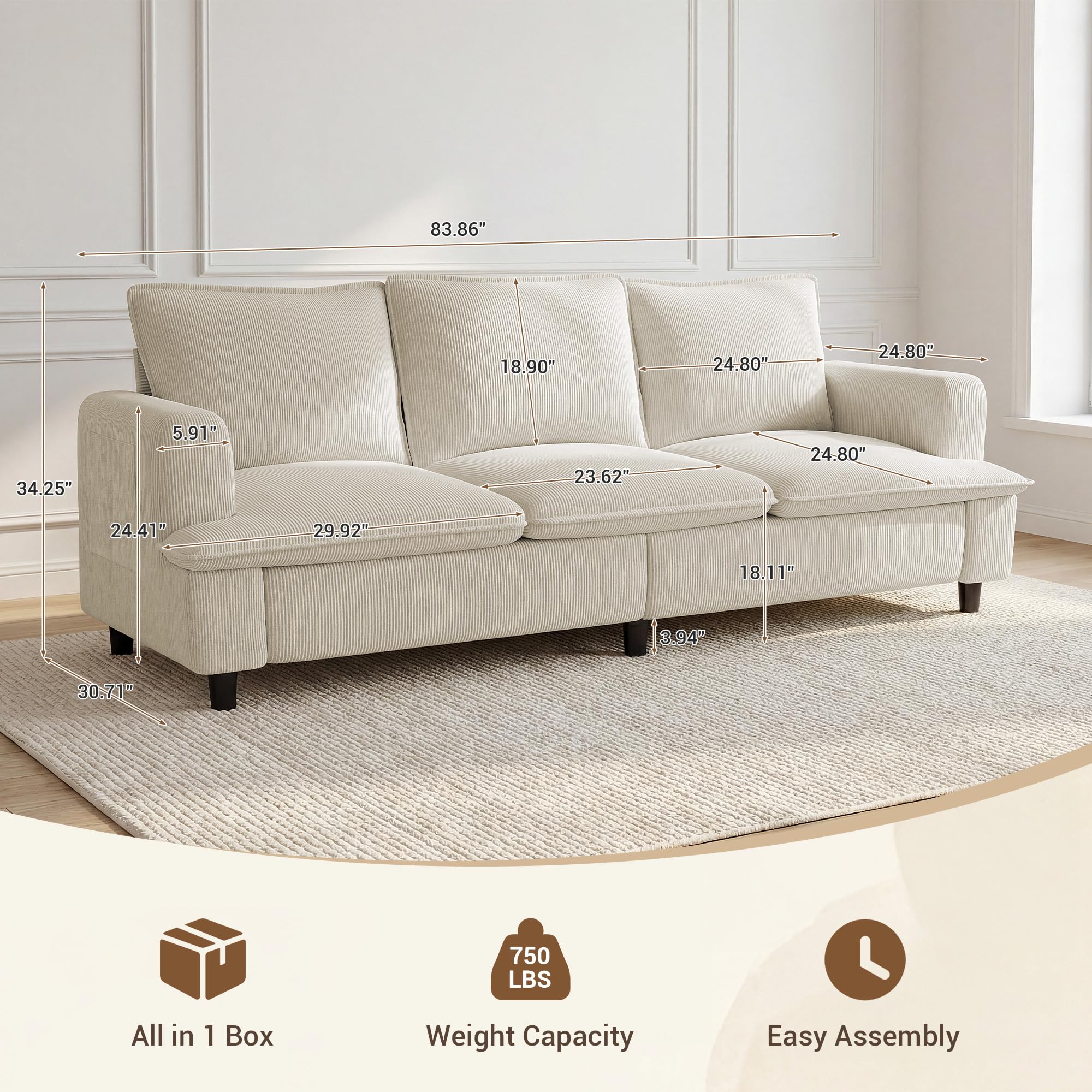 3 Seater Couch, 83" Comfy Corduroy Sofa with Deep Seat, Modern Sofa Couch for Living Room, Office, Bedroom, Apartment (Pillows not Included)