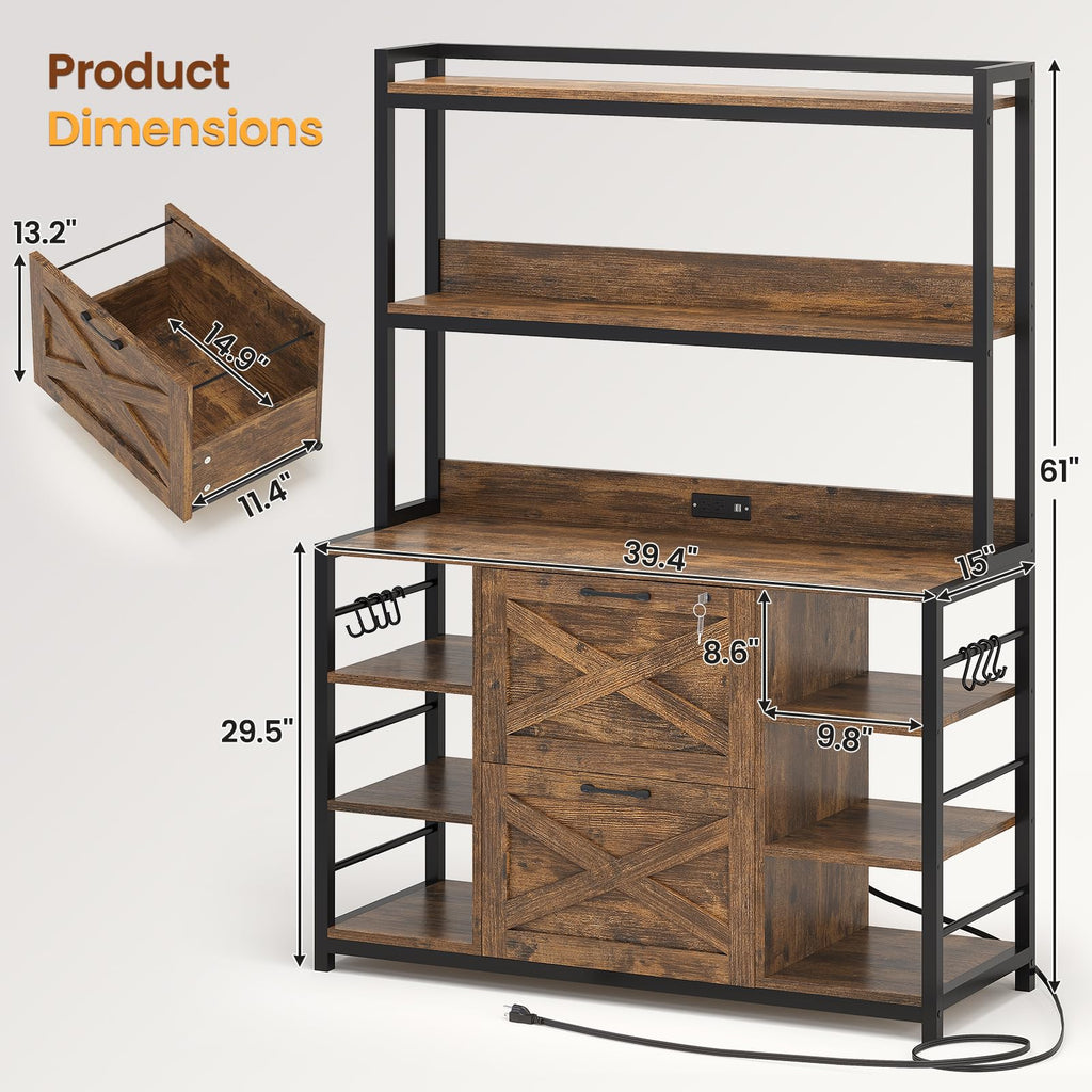 File Cabinet, Filing Cabinet fits Legal/Letter/A4 Size, 2 Drawer Filing Cabinets for Home Office with Lock, Power Strip and Open Storage Shelves, Rustic Brown