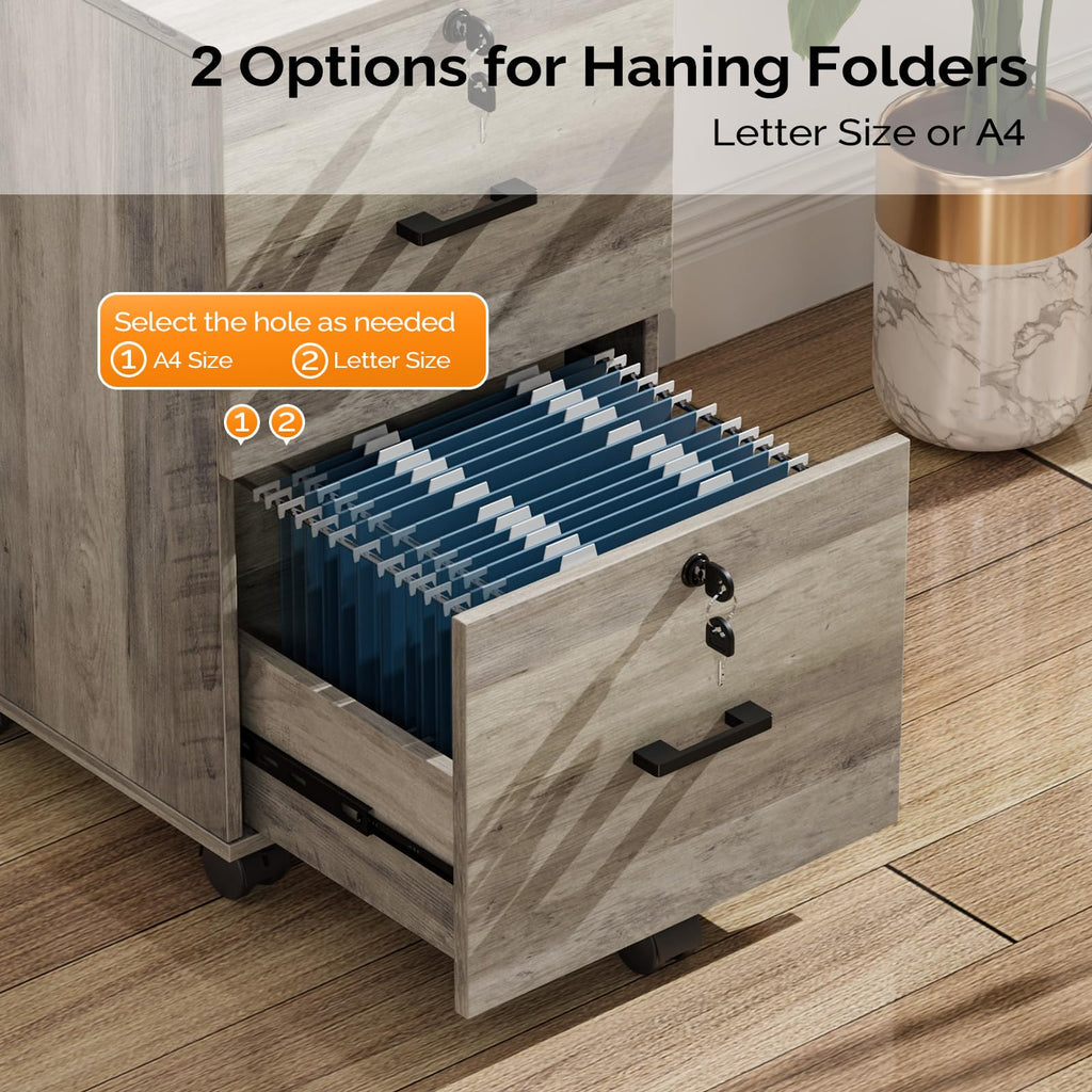 2 Drawer File Cabinet with Lock, Wood Rustic Gray Filing Cabinet for Letter Size File Folders with Tabs, Under Desk Rolling File Cabinets for Home Office, Mobile File Organization Printer Stand