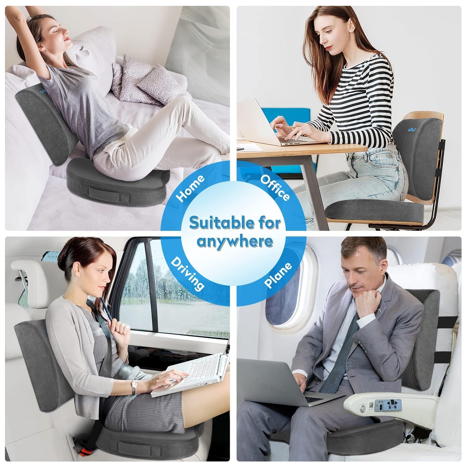 Lumbar Support Pillow & Seat Cushion Set for Office Chair, Desk Chair, Wheelchair & Car – Memory Foam Back Support, Ergonomic Chair Cushions, Sciatica Pain Relief, Home Essentials, Grey