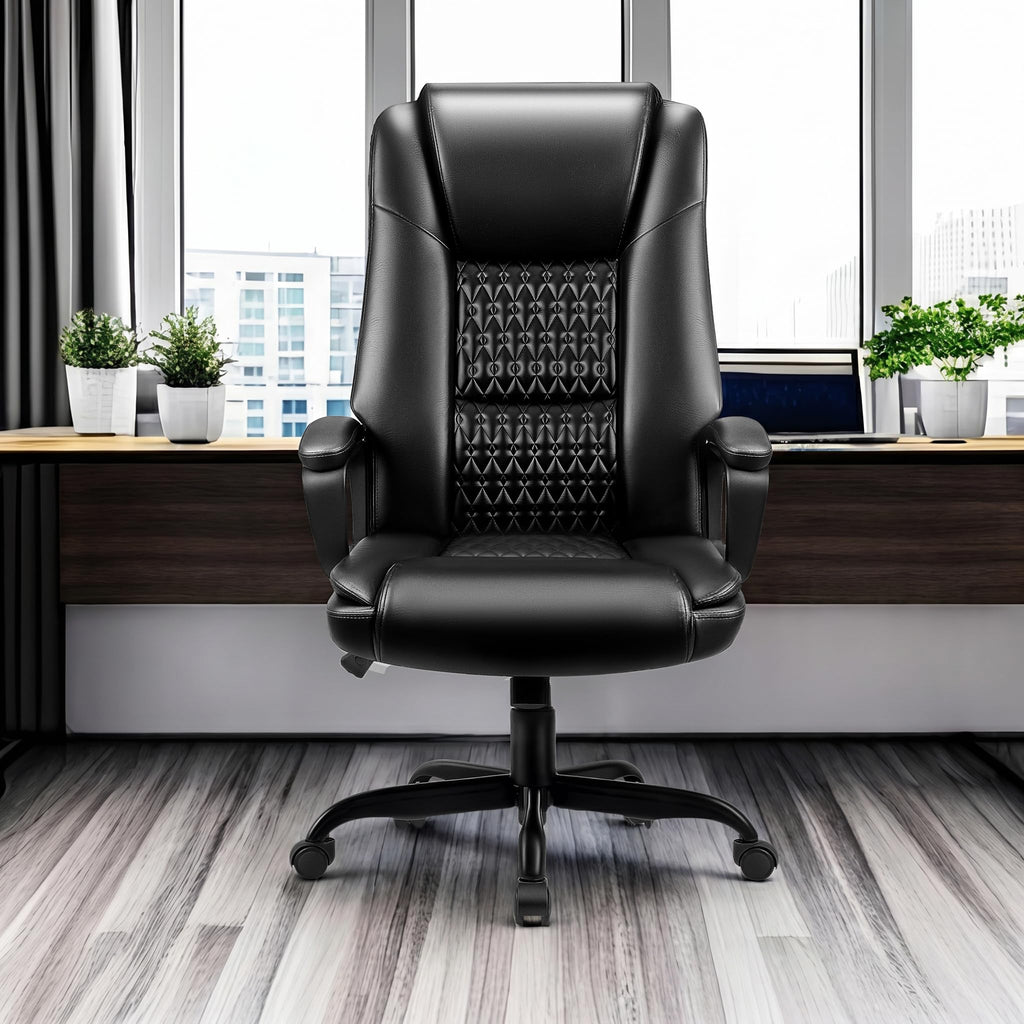 Leather Office Desk Chair,Ergonomic Office Chair with Lumbar Support,Computer Chair,Executive Leather Chair with Padded Flip-up Arm,Adjustable Armrests, Black,275LBS