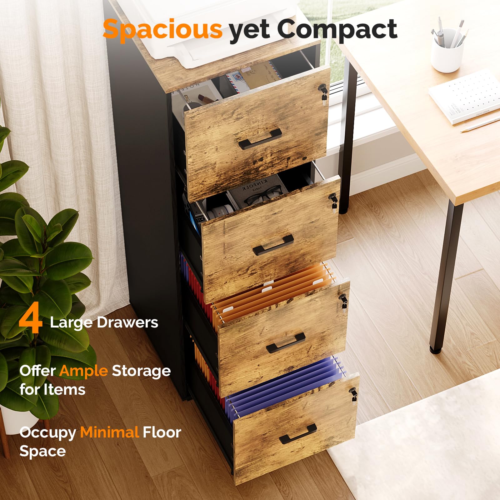 4 Drawer File Cabinet with Lock, Home Office Filing Organizer, for Letter Size File Folder Storage, Wood Tall Vertical Filing Cabinet, Printer Stand, Archivador (Rustic Brown)