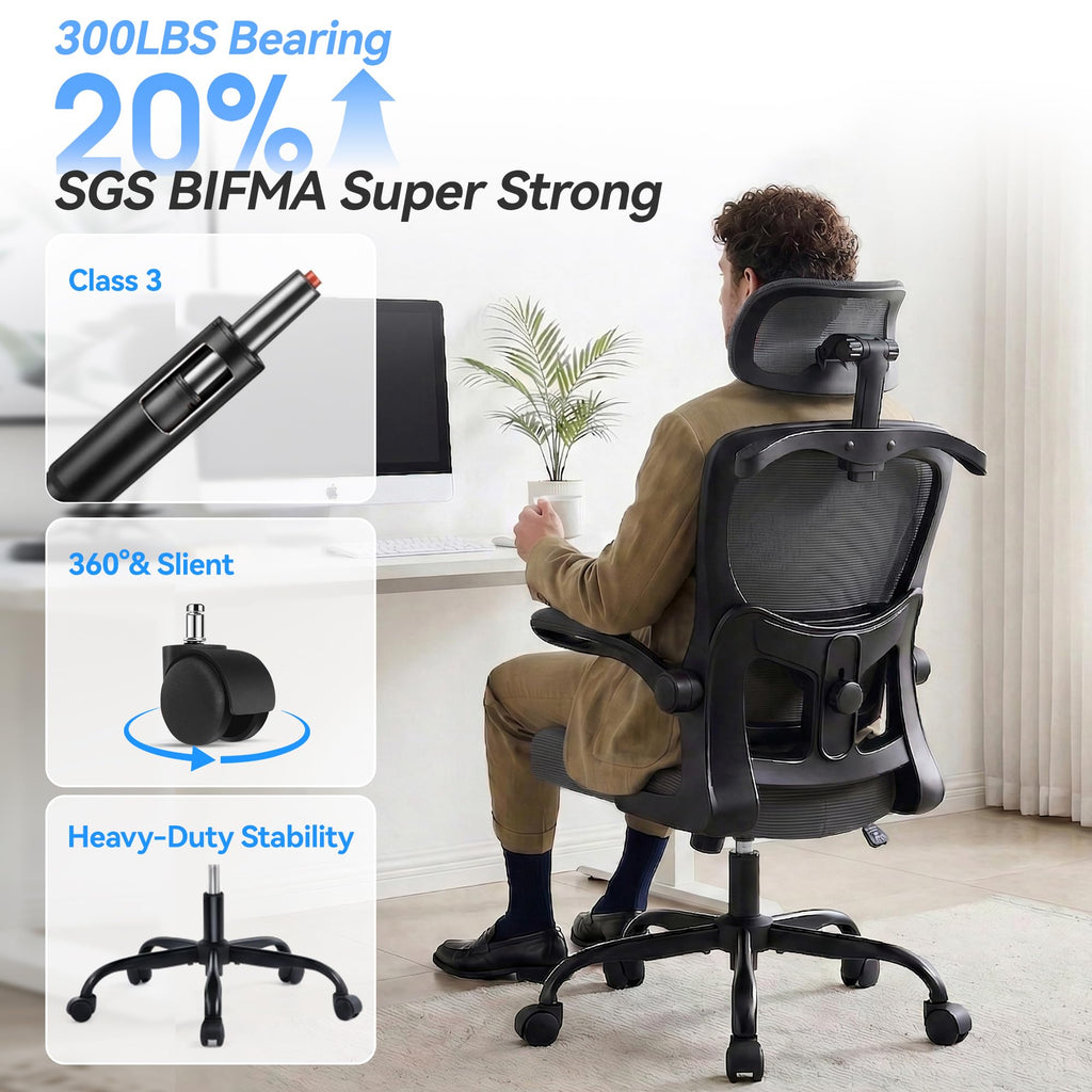 Office Chair Ergonomic Desk Chairs with Adjustable Lumbar Support& Headrest Hanger, High Back Breathable Mesh Chair with Wheels, Rolling Swivel Comfy Task Computer Chair for Home Work Gaming