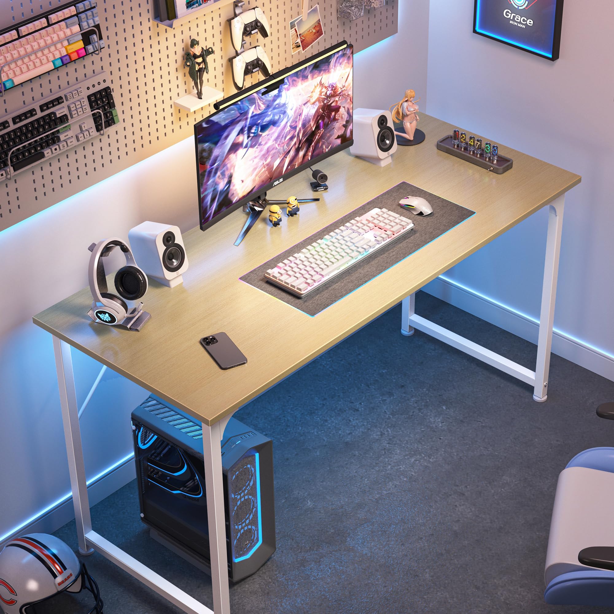 Computer Desk, 48 Inch Office Desk, Gaming Desk with Storage, Writing Desk Work Desk for Home Office, Study, Modern Simple Desk, Large Legroom, Metal Frame, Maple
