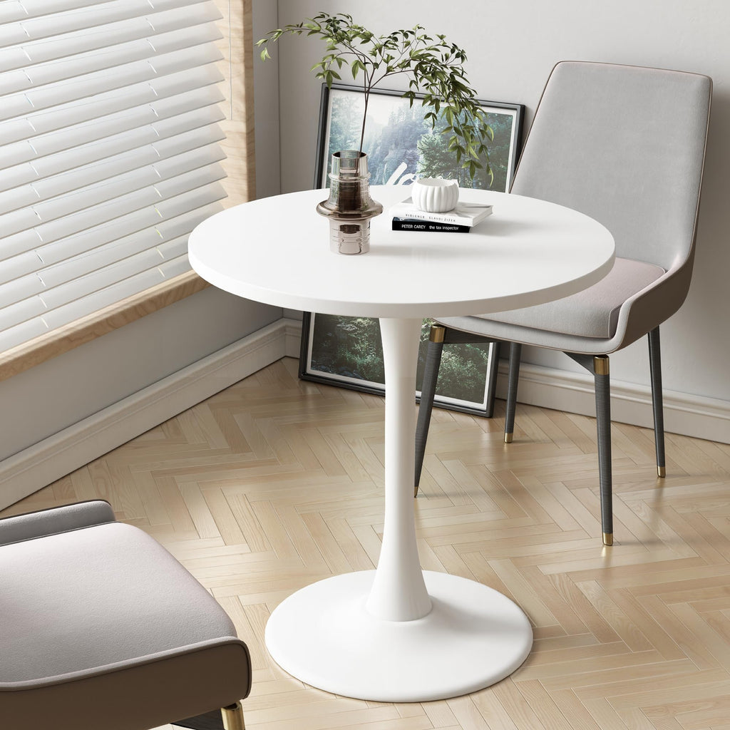 Kasinali Round Dining Table 27.5" Circle Tulip Table with Wood Thickened Tabletop & Sturdy Metal Pedestal Mid Century Modern Leisure Bistro Kitchen Tables 4 People Small Places Living Room Cafe,White