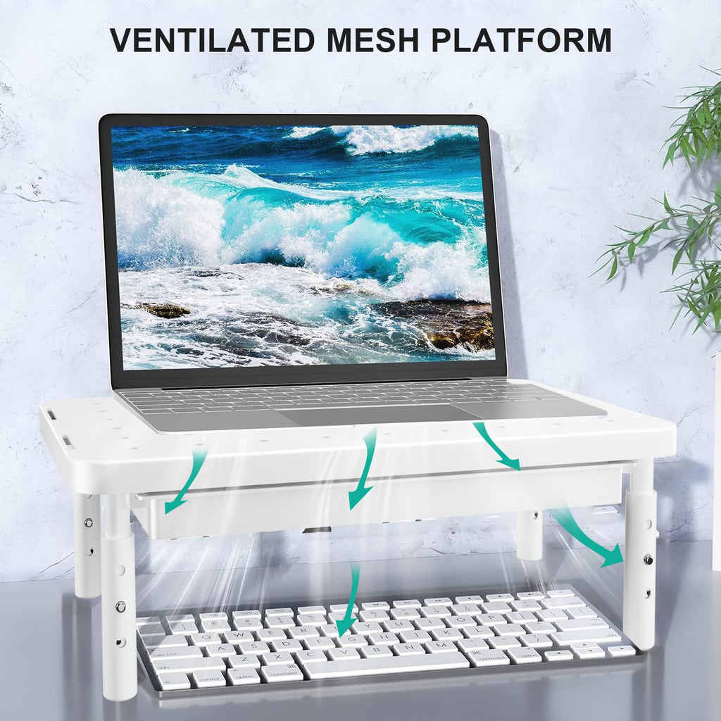 Computer Monitor Stand with Storage, Desk Monitor Riser 3 Height Adjustable, Laptop Riser with Airflow Vents, Desk Organizer for Computer, Laptop, Printer (PTT002-W), 1 Pack, White