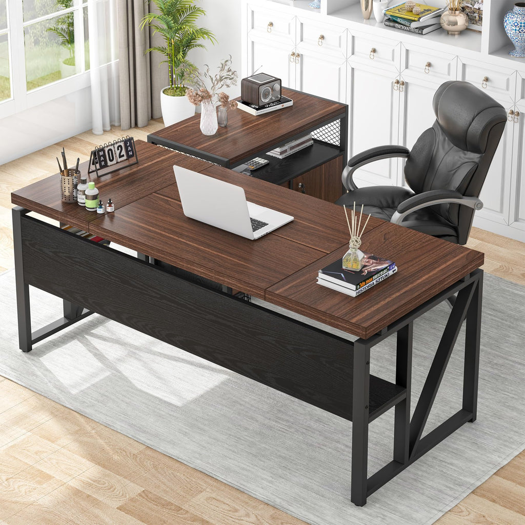 63" Executive Deskwith Drawer Cabinet, L Shaped Desk and lateral File Cabinet, 2 Piece Home Office Furniture Set with Drawers for Hanging, Doors with Locks (Dark Brown, 63 inches)