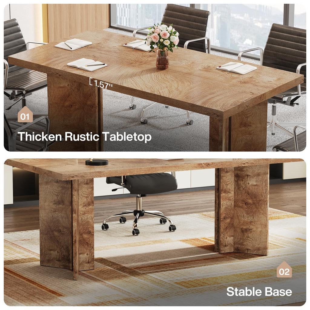5.5FT Conference Table, 63-inch Rectangle Meeting Seminar Table, Large Oak Brown Business Tables for 4-6 People, Heavy Duty Pedestal (Light Oak Brown)