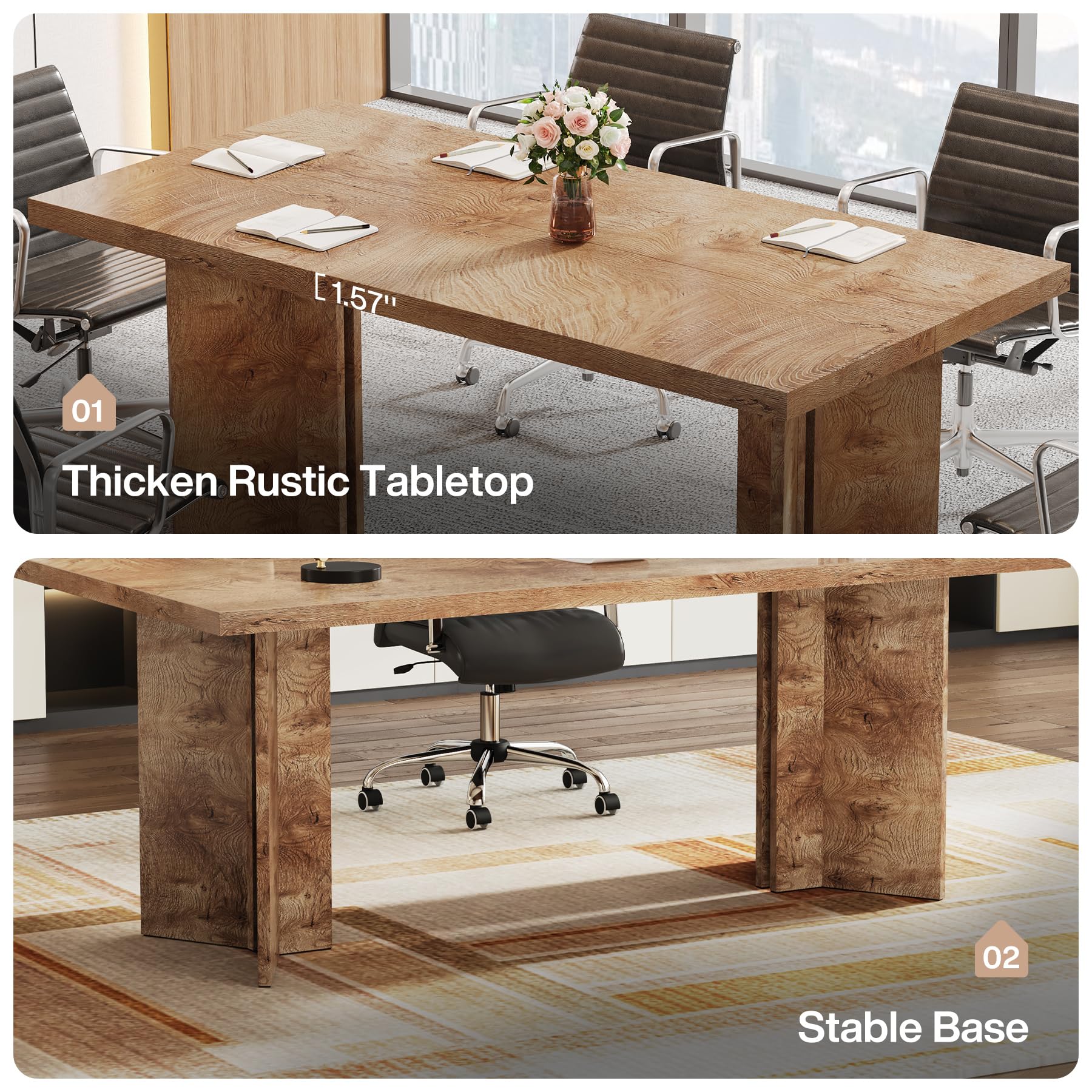 5.5FT Conference Table, 63-inch Rectangle Meeting Seminar Table, Large Oak Brown Business Tables for 4-6 People, Heavy Duty Pedestal (Light Oak Brown)