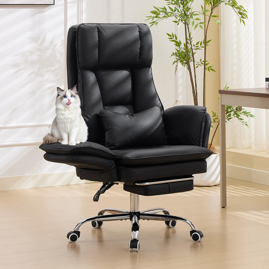 Criss Cross Office Desk Chair with Foot Rest and Flip Armrests for Pets Friendly & Extra Space, Comfortable Ergonomic Reclining Gaming Computer Chair with Lumbar Pillow(Faux Leather Black)