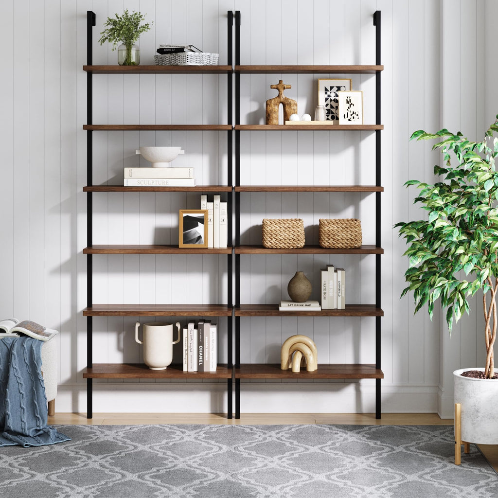 6-Shelf Tall Bookcase, Wall Mount Bookshelf with Reclaimed Oak Wood and Industrial Metal Frame, Reclaimed Oak/Matte Black, Set of 2