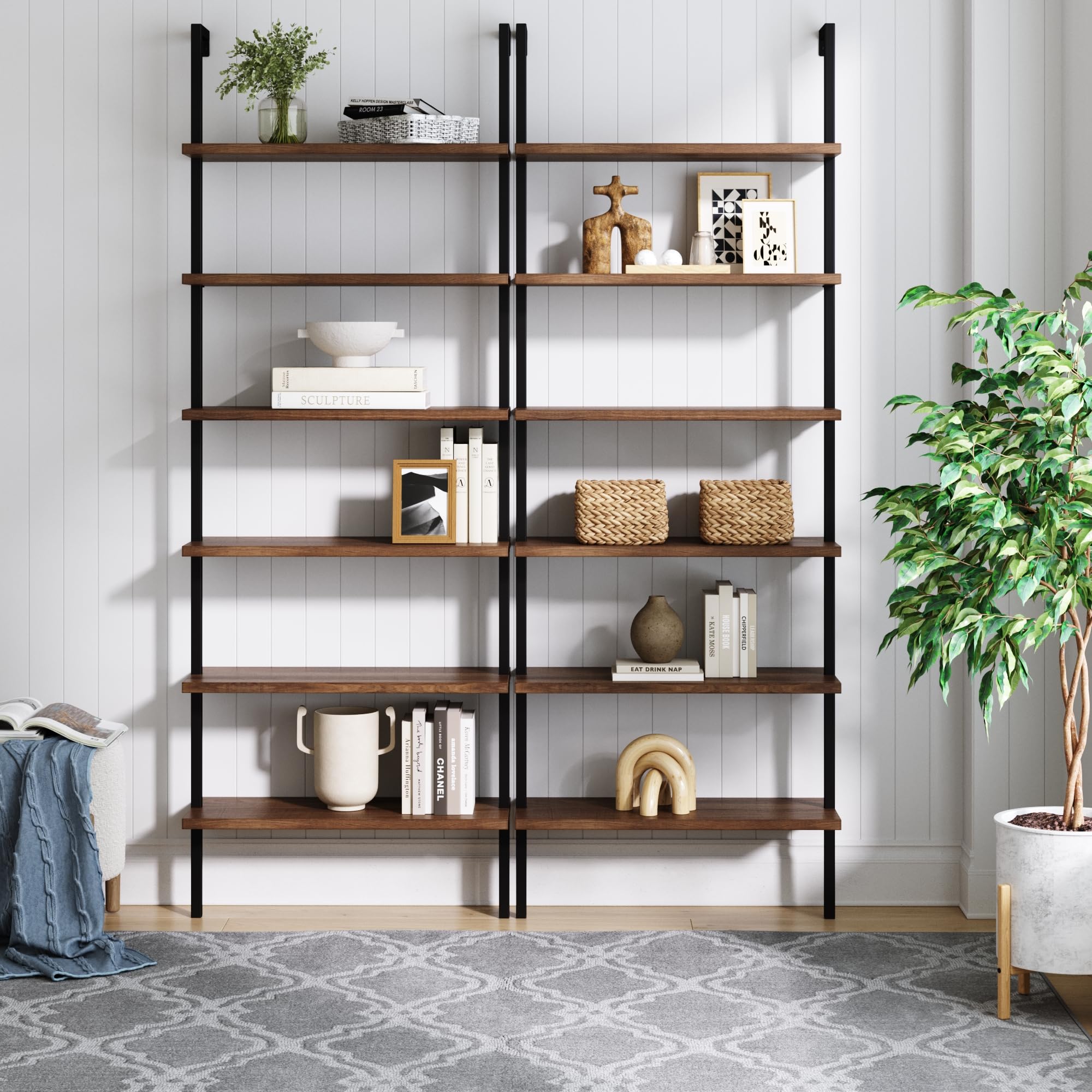 6-Shelf Tall Bookcase, Wall Mount Bookshelf with Reclaimed Oak Wood and Industrial Metal Frame, Reclaimed Oak/Matte Black, Set of 2