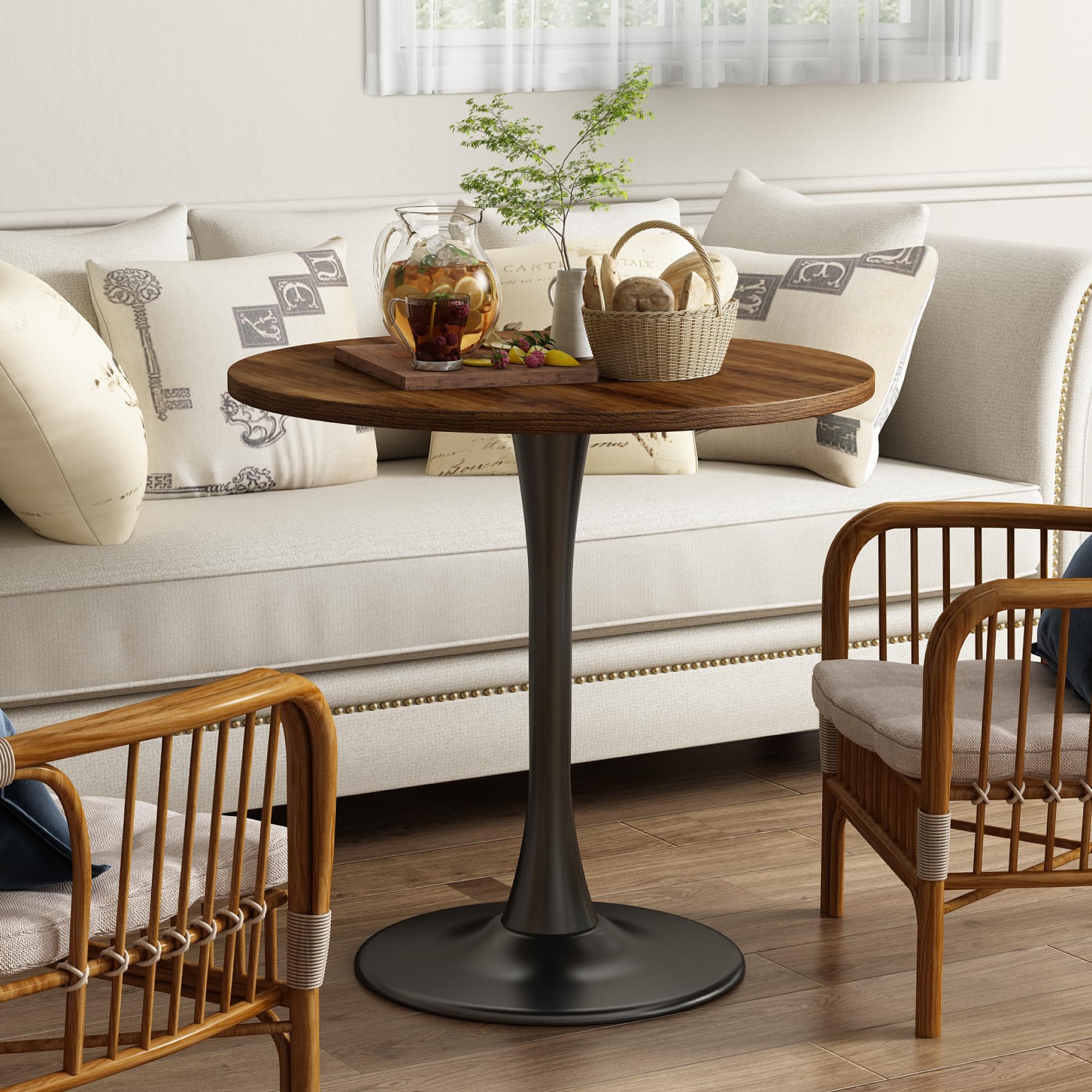 Kasinali Round Dining Table 30" Circle Tulip Table with Wood Thickened Tabletop & Sturdy Metal Pedestal Mid Century Modern Farmhouse Kitchen Tables for 4 Small Places Living Room Cafe,Somber Walnut