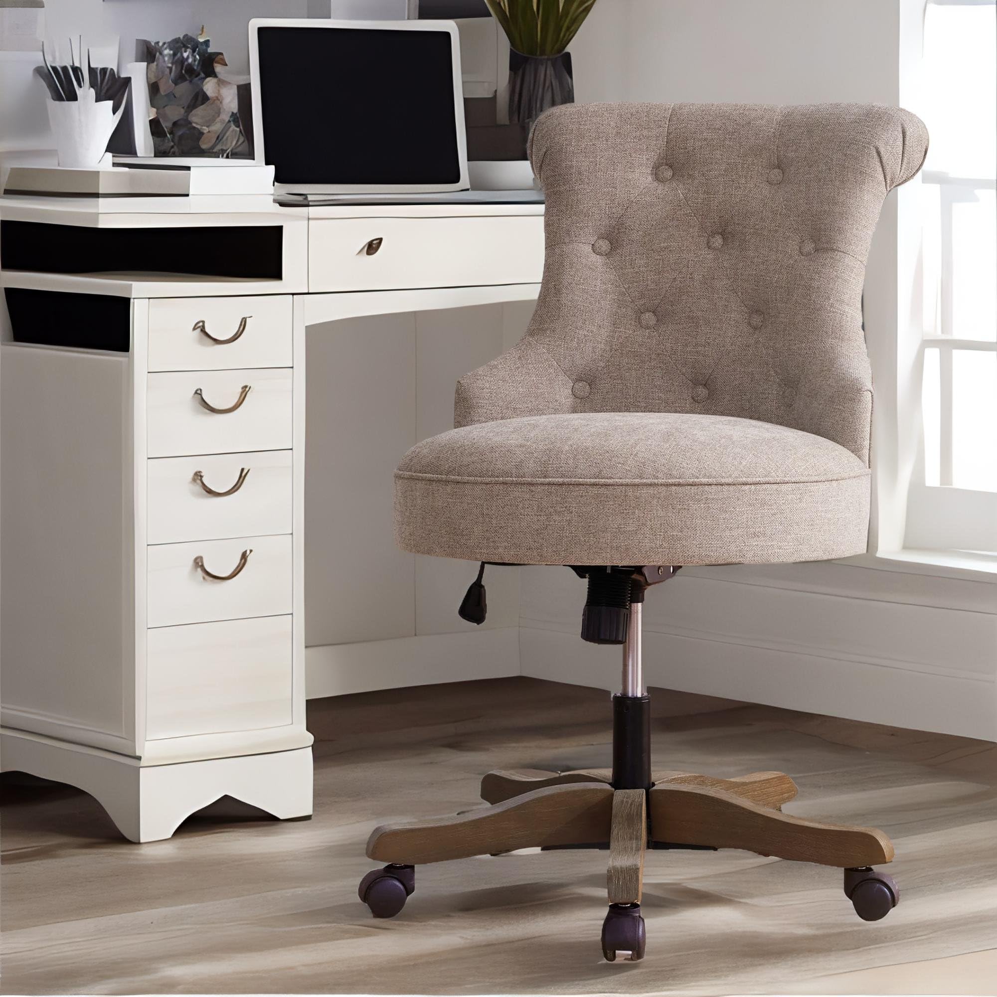 Home Office Chair Upholstered Armless Linen Fabric Desk Chair with Wheels Adjustable Height Computer Desk Chair with Wooden Legs No Arms Swivel Chairs for Farmhouse Women Study Studio (Brown)