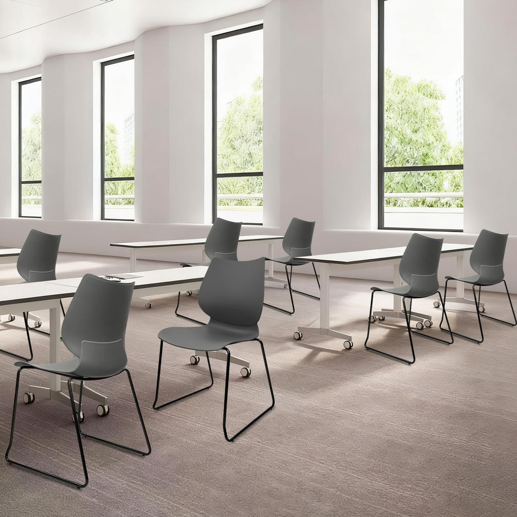 Set of 8, Stacking Waiting Room Chairs, Stacked Plastic Office Chair with Ergonomic Lumbar Support and Metal Legs for Conference School Church Guest Reception, Grey