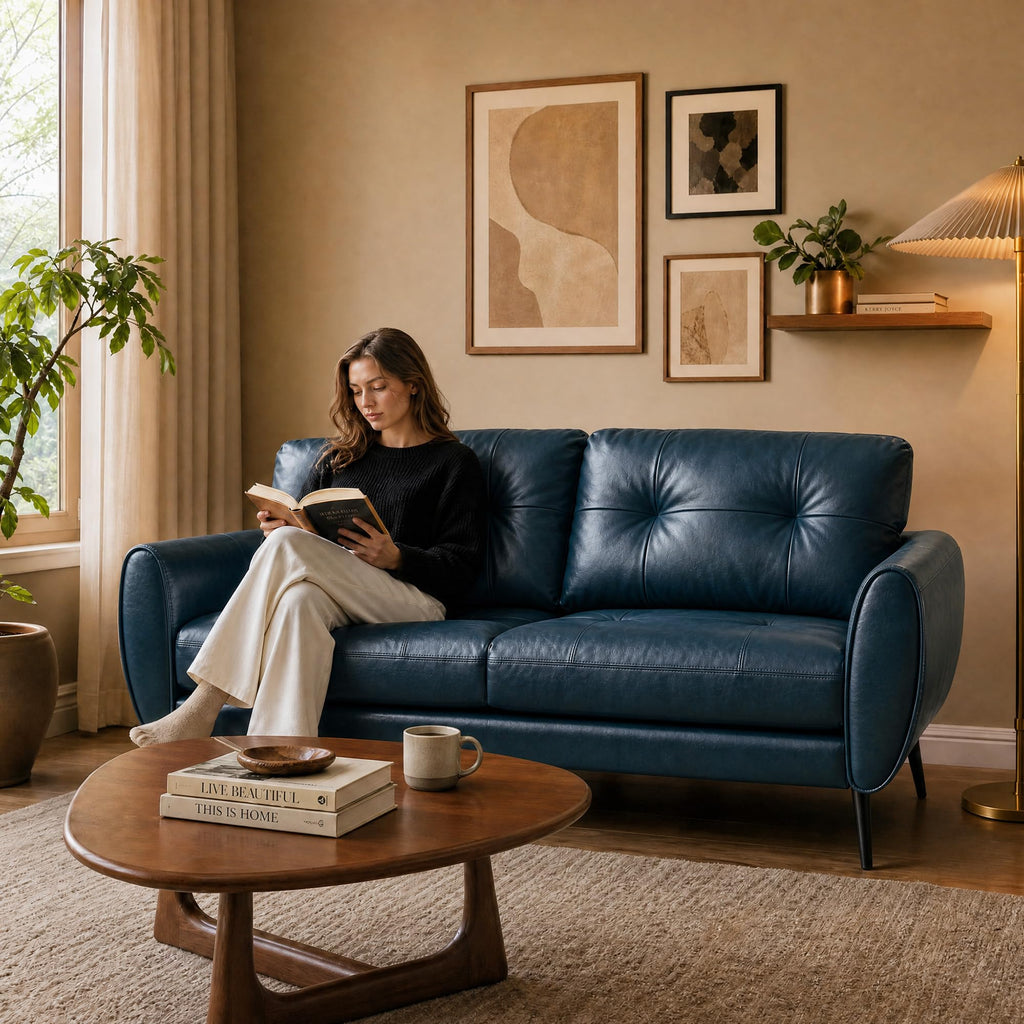 Sofa Couch 61" Small Loveseat Couches for Living Room Blue Leather Couch Mid Century Modern Tufted Mini Sofa Comfy Office 2 Seat Settee Love Seat for Small Spaces Bedroom