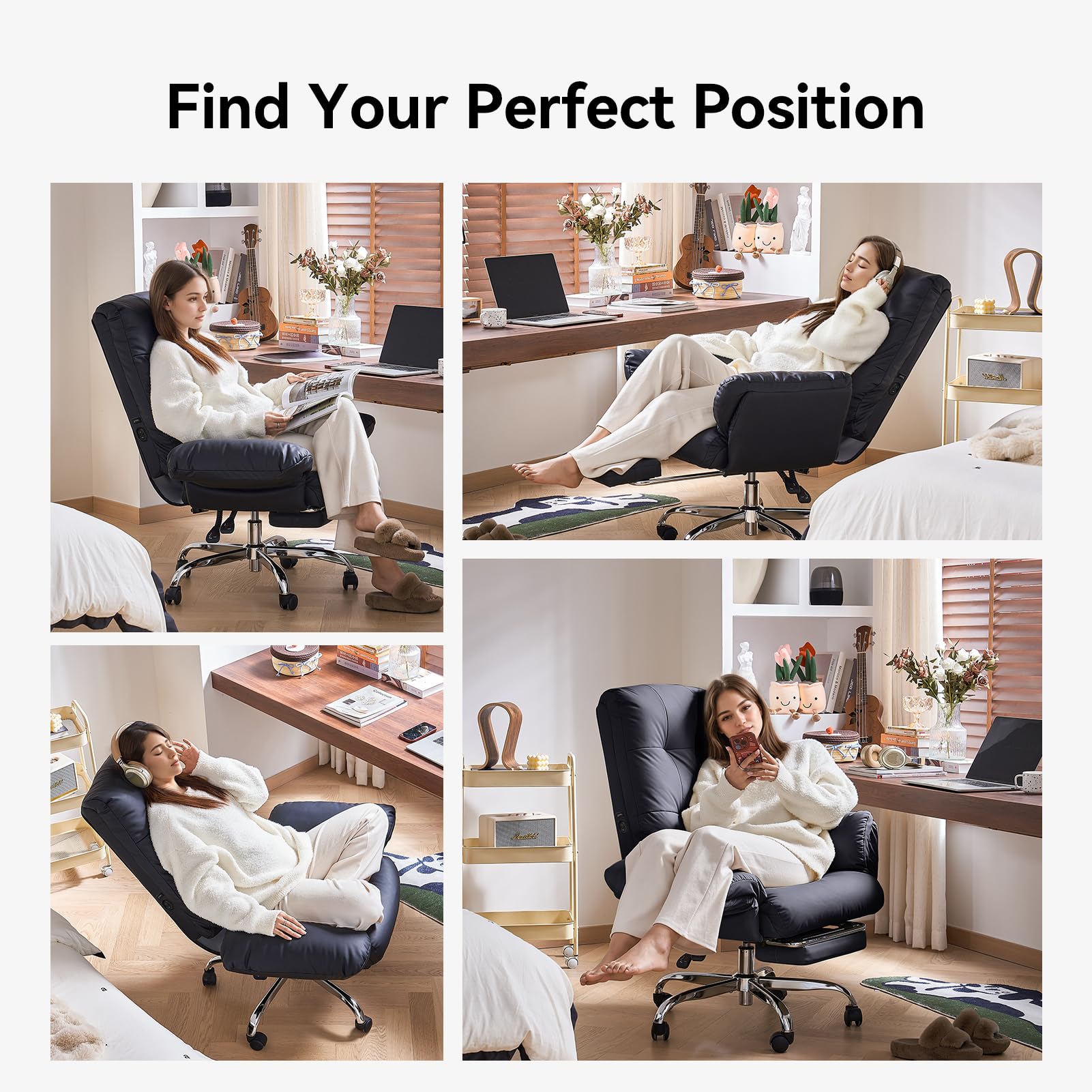 Heated and Massage Office Chair with Foot Rest Criss Cross Chair with Wheels and Flip-up Arms Reclining Desk Chair Comfy Wide Seat PU Leather Rolling Computer Home Office Chair (Black)