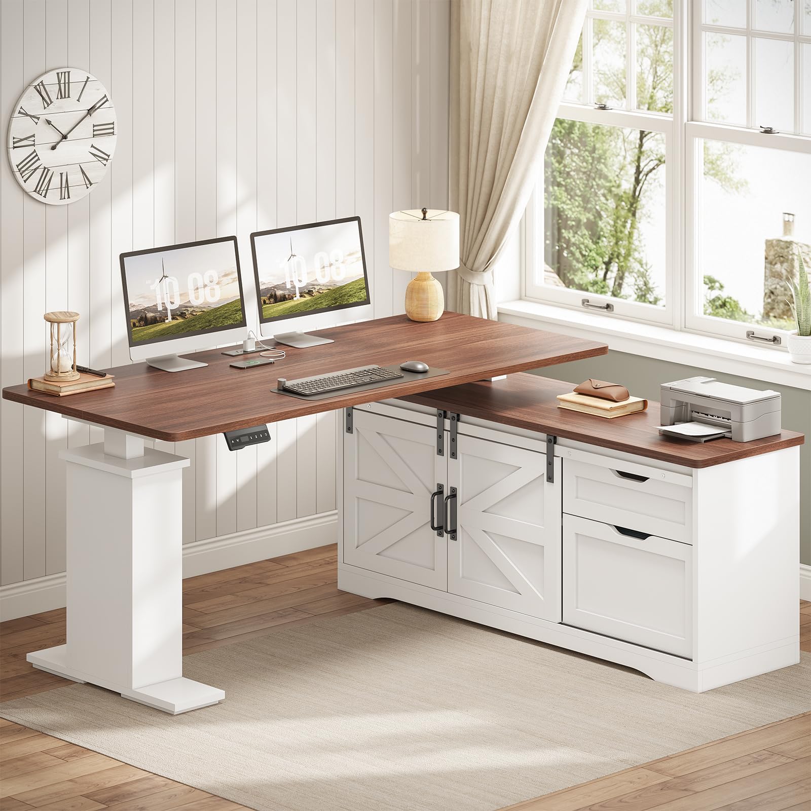 Farmhouse L Shaped Standing Desk, 55 inch Height Adjustable Corner Desk with Storage Drawers, Standing Computer Desks with Power Outlets for Home Office, White