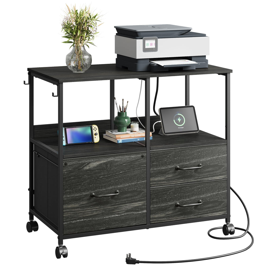 3 Drawer Mobile File Cabinet with Storage Shelf, Charging Station