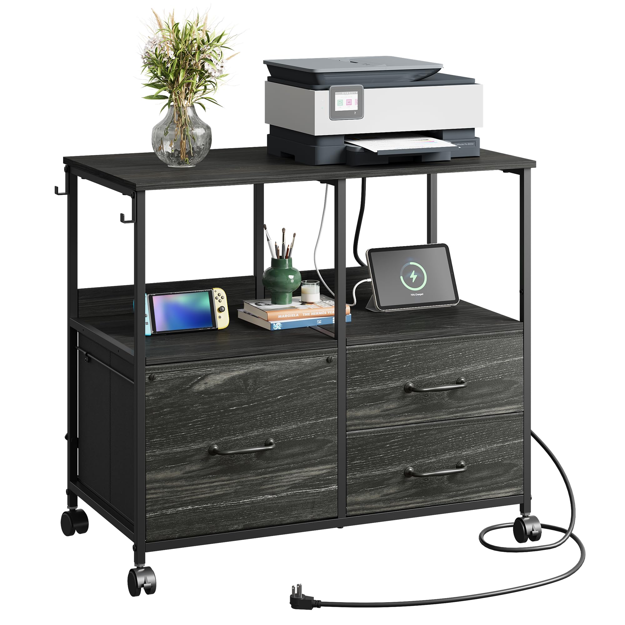 3 Drawer Mobile File Cabinet with Storage Shelf, Charging Station