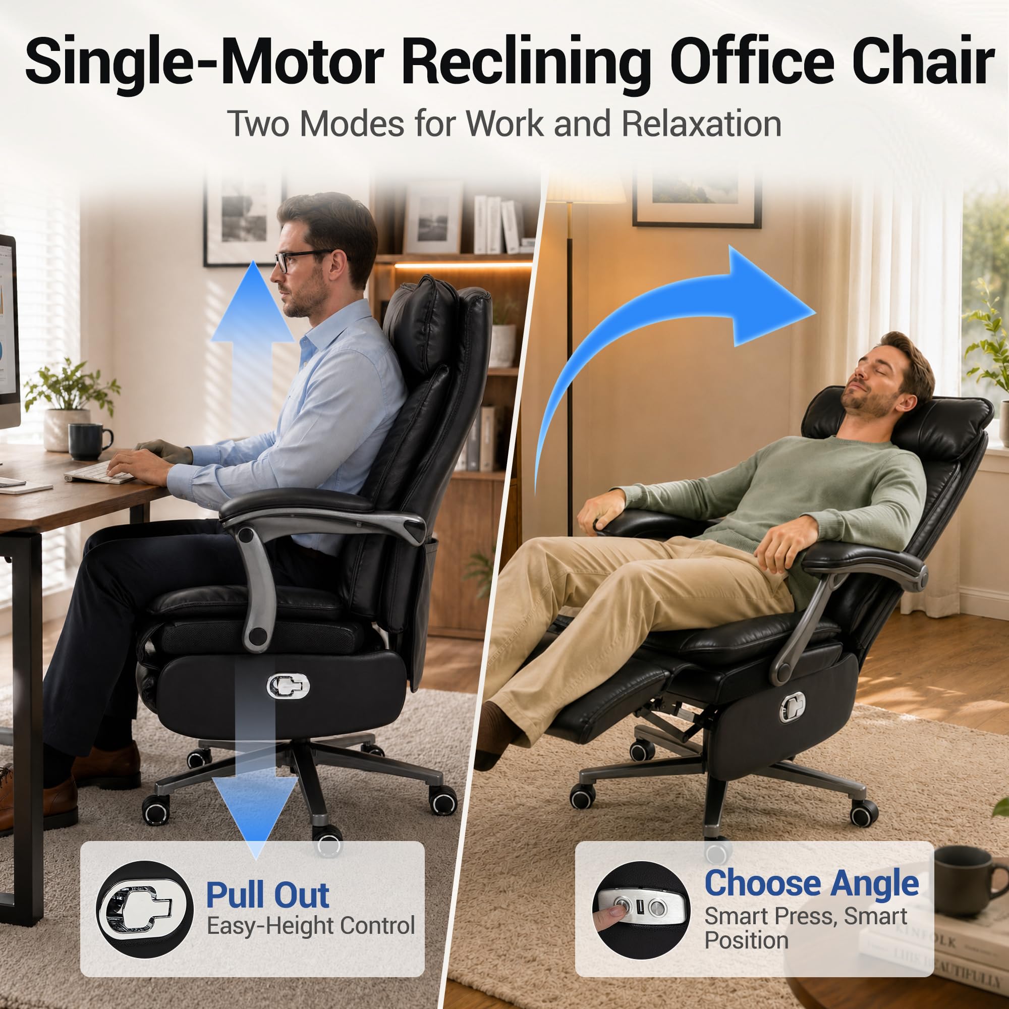 Electric Office Chair with USB Charging, 420lbs PU Leather Power Executive Recliner w/Footrest, High Back Ergonomic PC Chair for Home Office Gaming Boss Room, Black