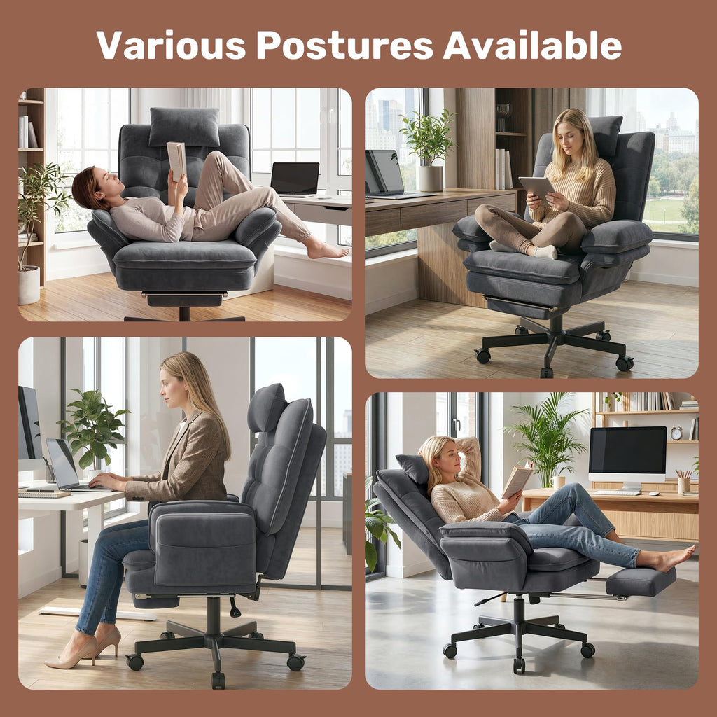 Criss Cross Office Chair with Foot Rest, Big and Tall Criss Cross Chair with Flip-Up Arms and Headrest, 135° Reclining Swivel Velvet Cross Legged Office Chair with Wheels, Cloud Chair for Home (Gray)