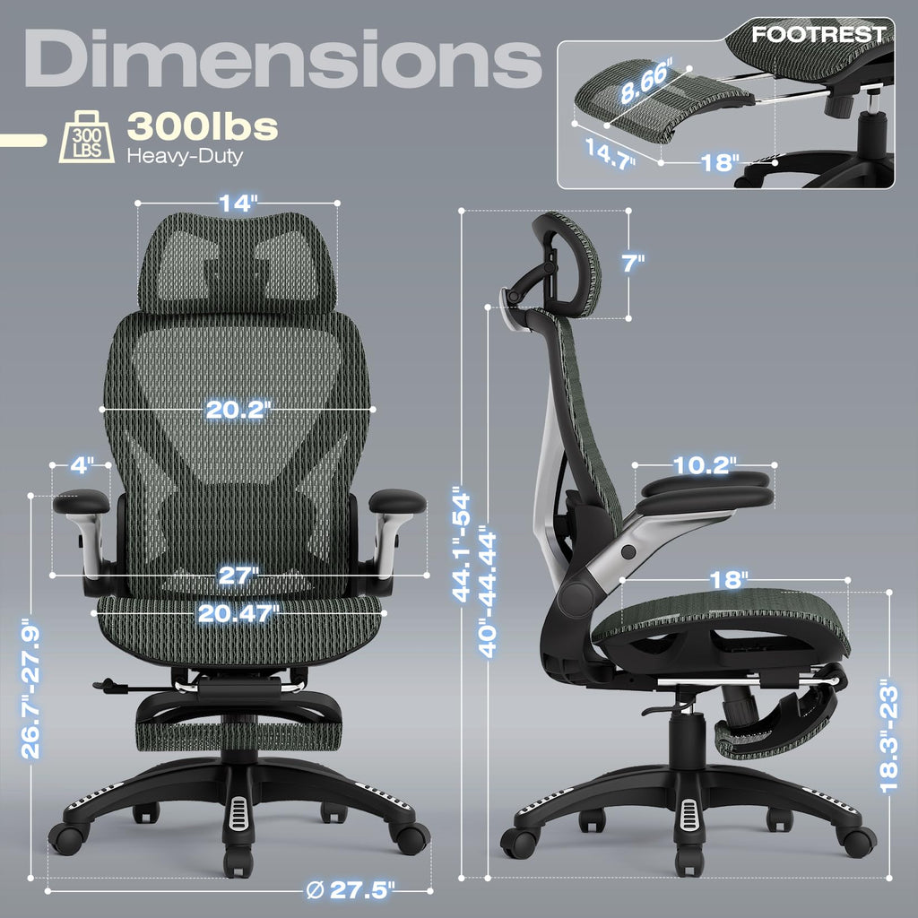 X100 Ergonomic Mesh Office Chair with Footrest, Big and Tall Hone Desk Chair with 5D Flip-Up Arms, Adjustable 3D Lumbar Support,Gaming & Executive Computer Chairs for Long Hours (Dusty Sage)