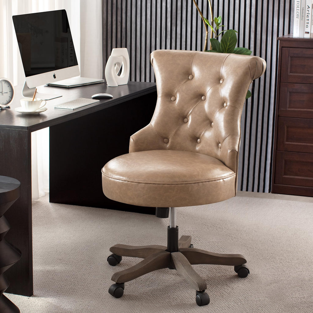 Home Office Chair Upholstered Faux Leather PU Armless Desk Chair with Wheels Adjustable Height Computer Desk Chair with Wooden Legs Comfortable Swivel Chair for Study Studio (Light Brown)