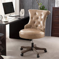 Home Office Chair Upholstered Faux Leather PU Armless Desk Chair with Wheels Adjustable Height Computer Desk Chair with Wooden Legs Comfortable Swivel Chair for Study Studio (Light Brown)