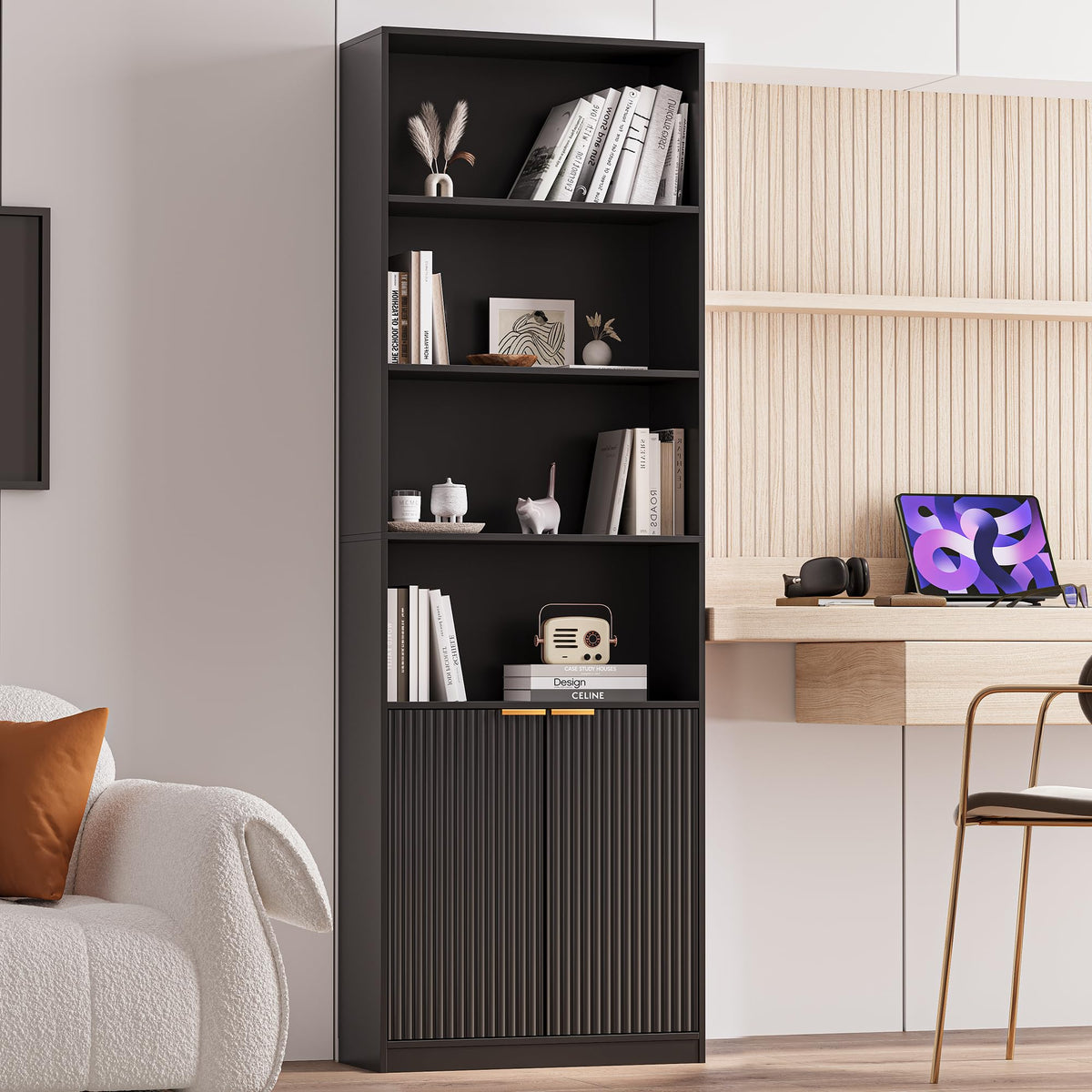 69" Tall Book Shelve Bookcases with Doors, Floor Standing 6 Shelf Display Shelves, Freestanding Shelving Unit with Closed Doors for Storage, Home Decor Furniture for Living Room Home Office