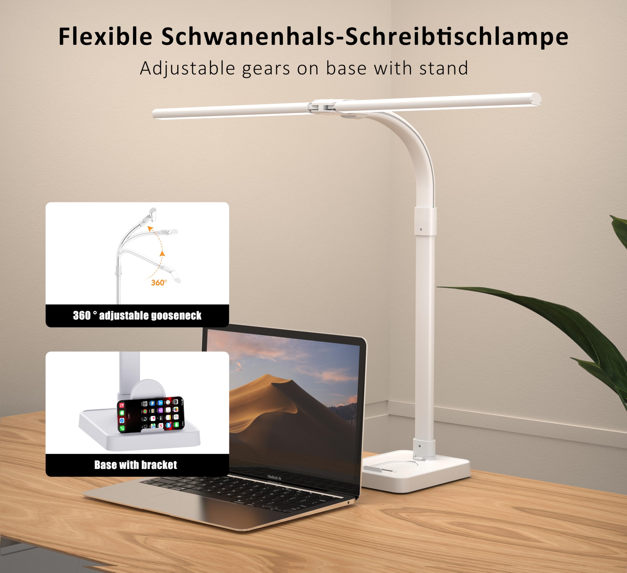 Double Head LED Desk Lamp, Architect Desk Lamps for Office, 24W Brightest Workbench Office Lighting-5 Color Modes and 5 Dimmable Eye Protection Modern Desk Lamp (White-Desktop, Big)