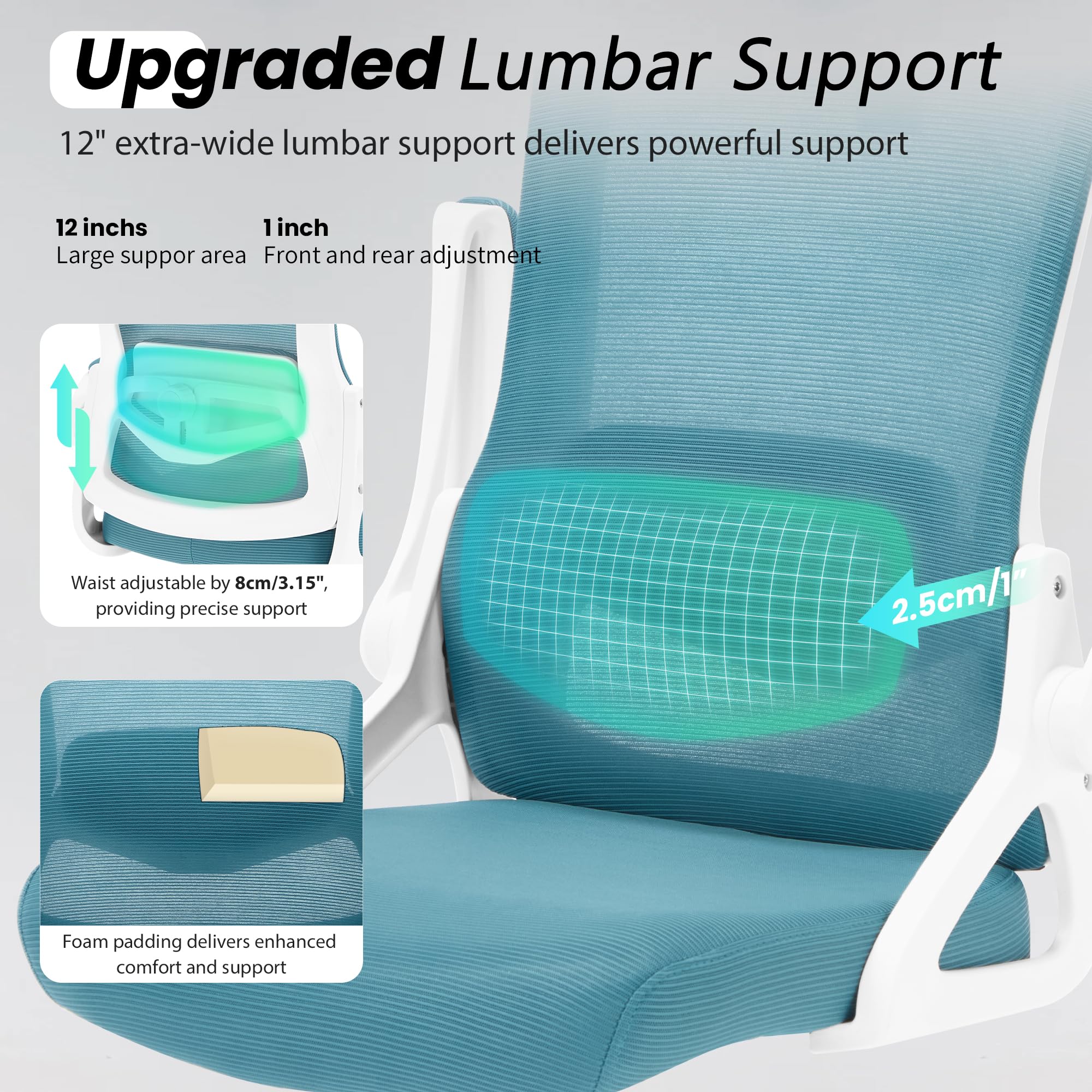 Ergonomic Office Chair, 400 LBS Computer Chairs with Adjustable Lumbar Support, Breathable Mesh Desk Chair Ergonomic with Thickened Cushion, Comfy Home Office Desk Chair (Lake Blue)