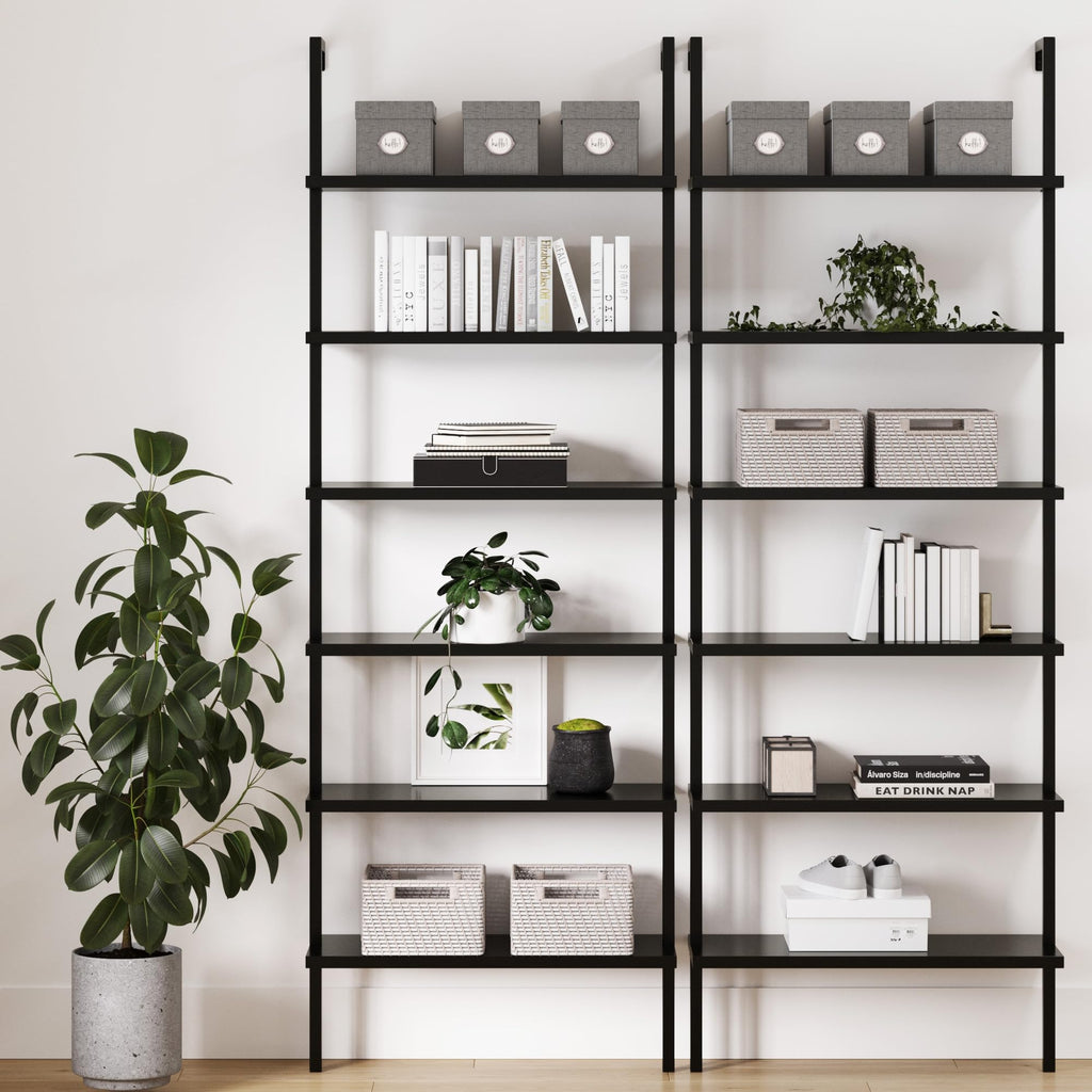 6-Shelf Tall Bookcase, Wall Mount Bookshelf Wood Shelves and Metal Frame, Matte Black, Set of 2