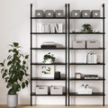 6-Shelf Tall Bookcase, Wall Mount Bookshelf Wood Shelves and Metal Frame, Matte Black, Set of 2