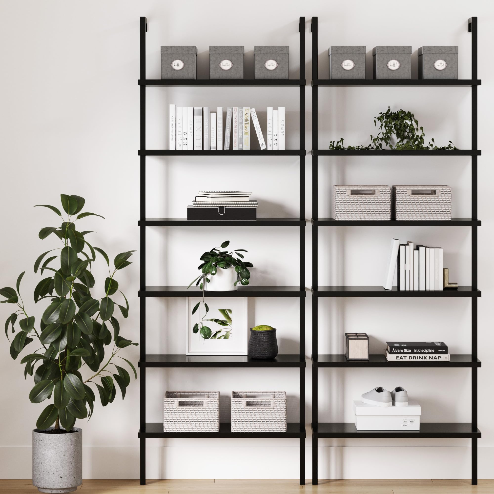 6-Shelf Tall Bookcase, Wall Mount Bookshelf Wood Shelves and Metal Frame, Matte Black, Set of 2