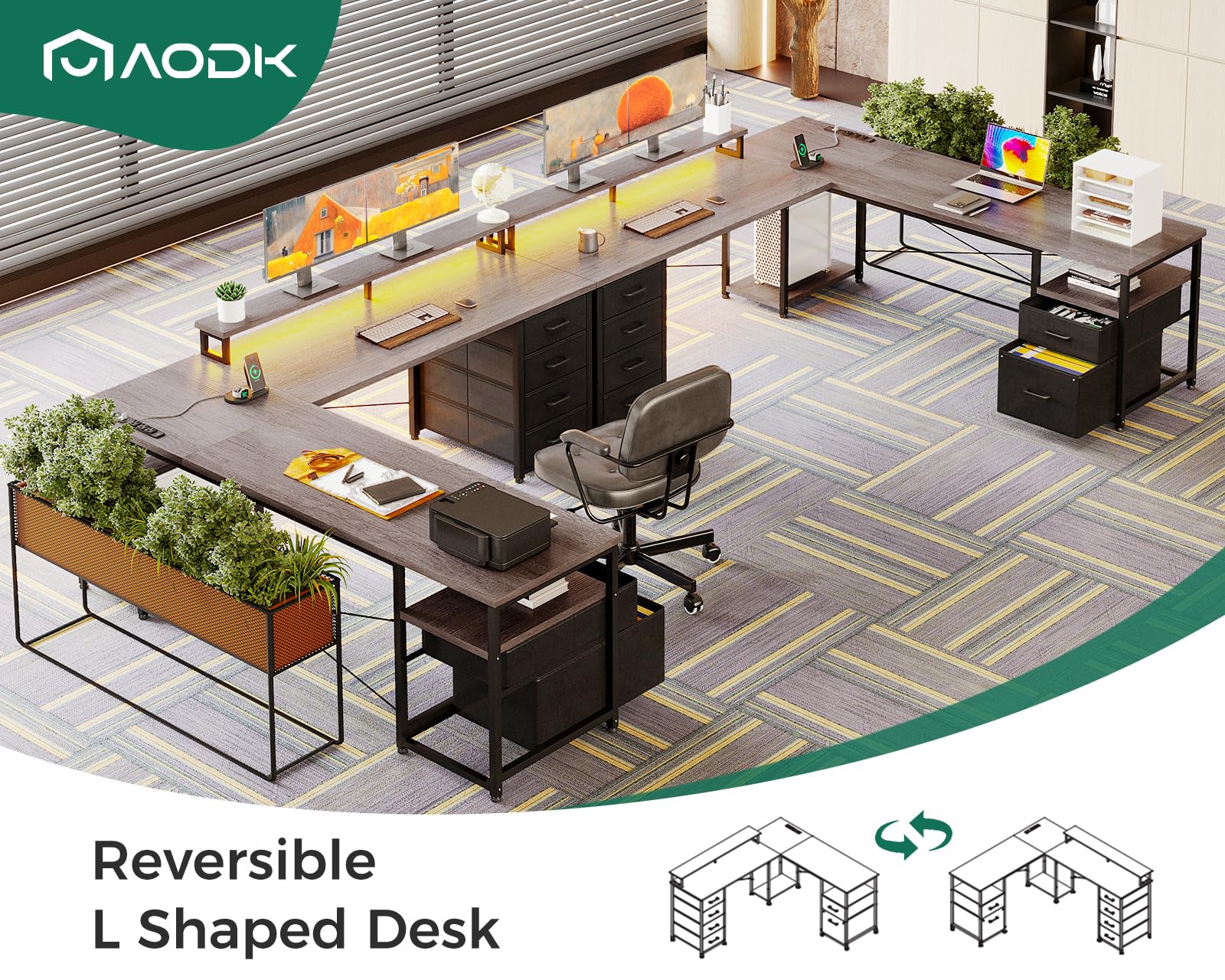 66" L Shaped Desk, 113" Computer Desk with File Cabinet & 4 Fabric Drawers, Home Office Desk with Monitor Shelf & Power Outlet, Two Person Desk or Corner Desk, Gaming Table with LED Light, Grey