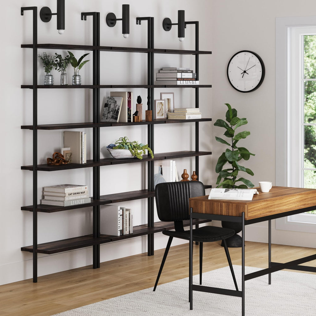 Set of 3, 6-Shelf Tall Bookcase, Wall Mount Bookshelf with Natural Wood Finish and Industrial Metal Frame, Nutmeg/Matte Black