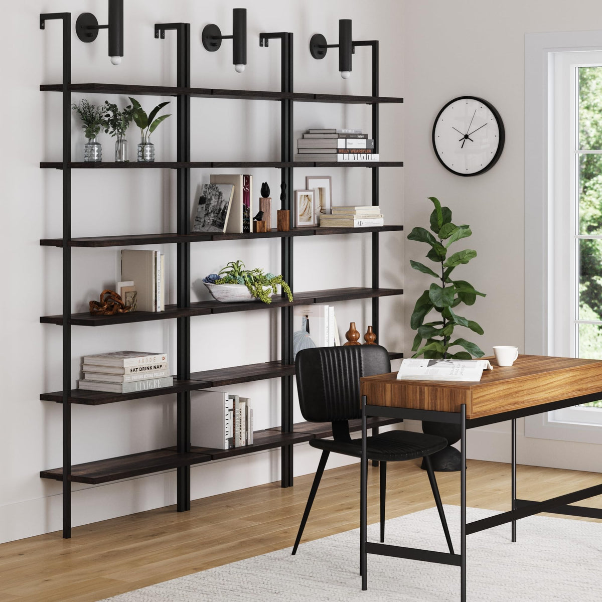 Set of 3, 6-Shelf Tall Bookcase, Wall Mount Bookshelf with Natural Wood Finish and Industrial Metal Frame, Nutmeg/Matte Black