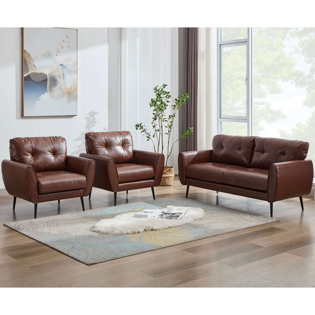 Sofa Couch 61" Small Loveseat Couches for Living Room Leather Couch Mid Century Modern Tufted Mini Sofa Comfy Office 2 Seat Settee Love Seat Loveseat for Small Spaces Bedroom (3, Brown)