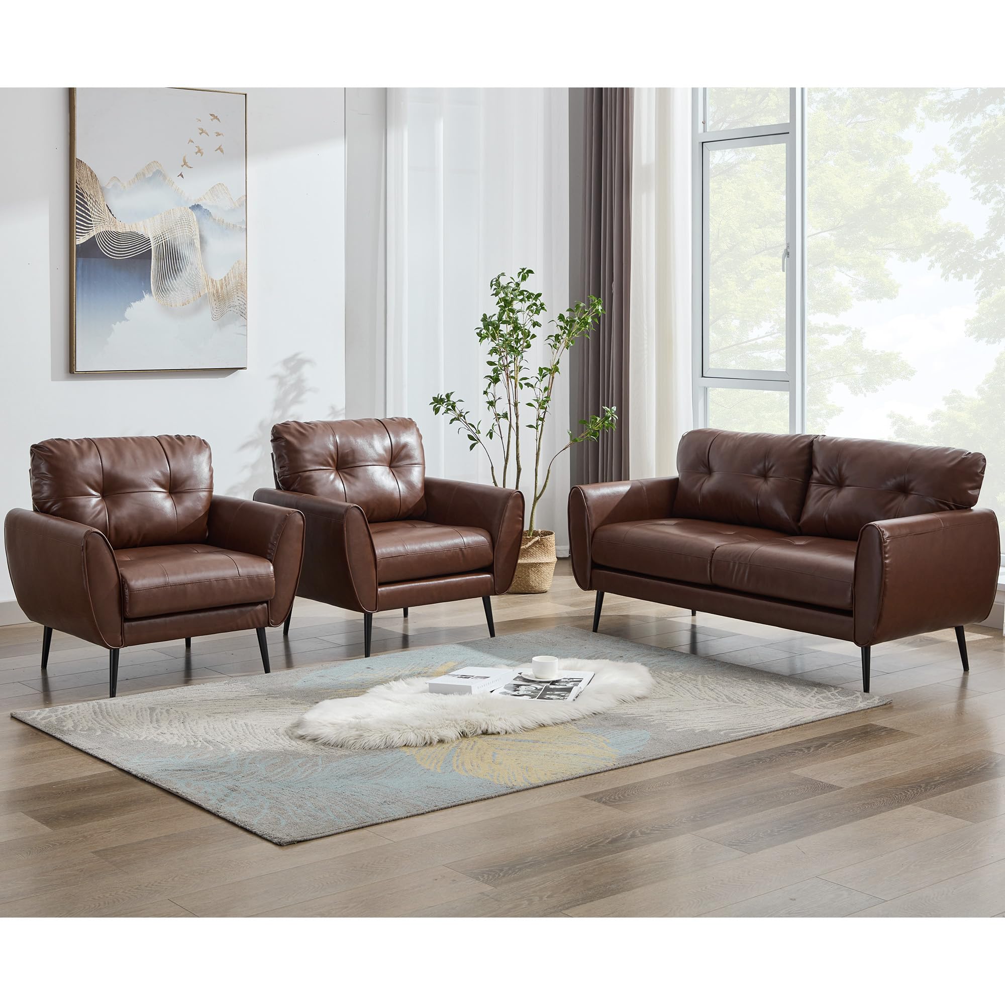 Sofa Couch 61" Small Loveseat Couches for Living Room Leather Couch Mid Century Modern Tufted Mini Sofa Comfy Office 2 Seat Settee Love Seat Loveseat for Small Spaces Bedroom (3, Brown)