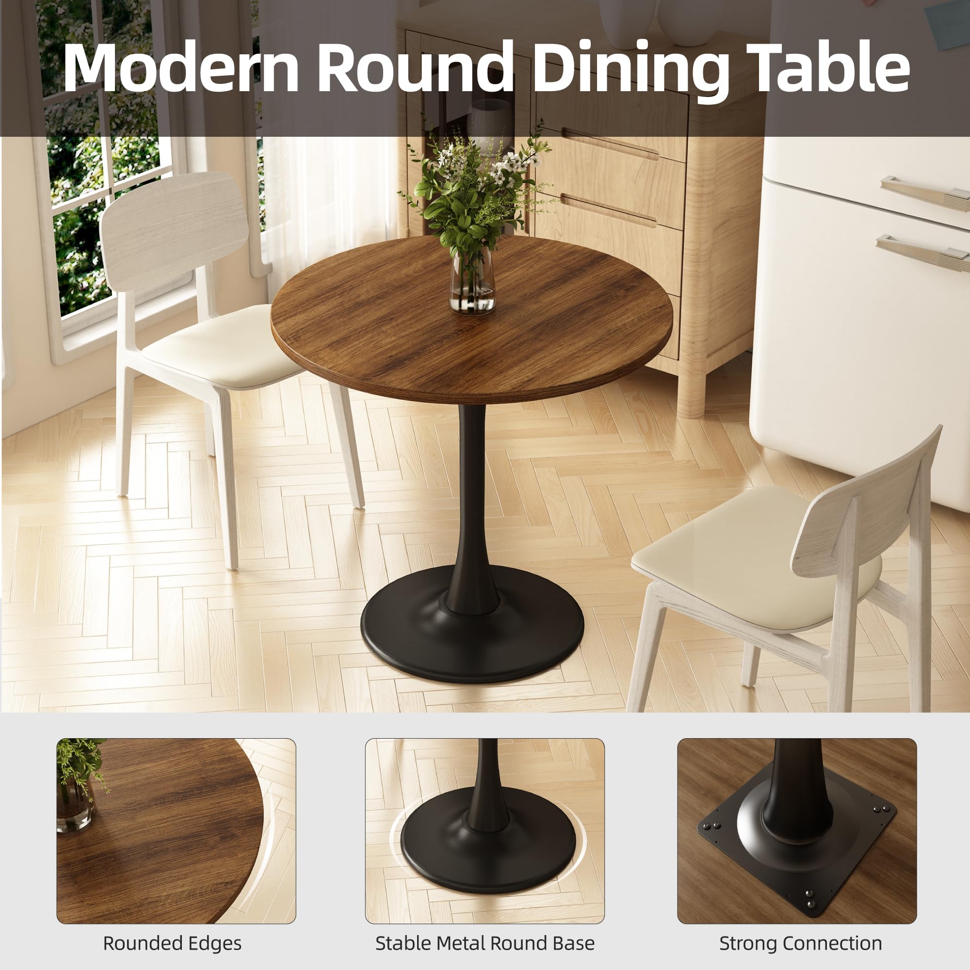 Kasinali Round Dining Table 30" Circle Tulip Table with Wood Thickened Tabletop & Sturdy Metal Pedestal Mid Century Modern Farmhouse Kitchen Tables for 4 Small Places Living Room Cafe,Somber Walnut