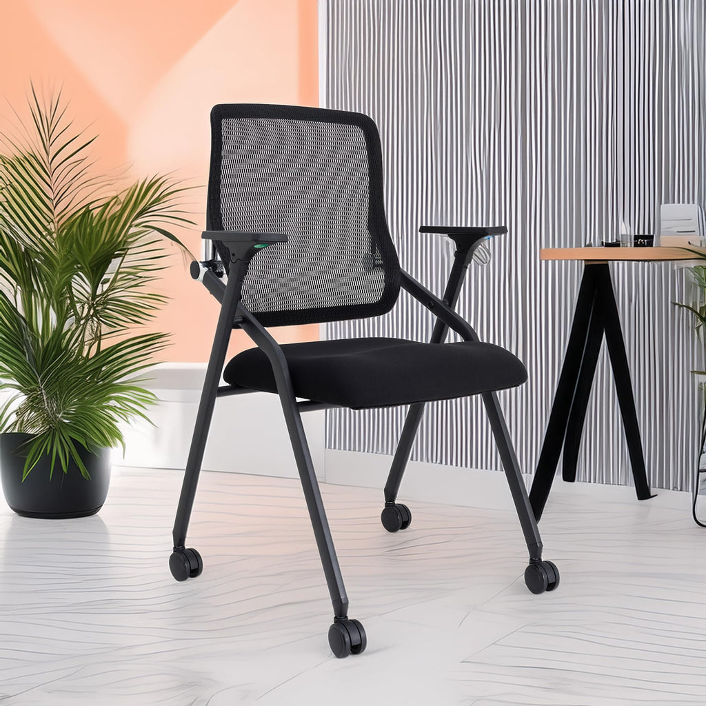 6 Pack Black, Updated Conference Room Chairs, Folding Office Desk Chair with Lumbar Support and Sliding Armrest with Casters, Stackable Office Guest Chairs & Reception Chairs