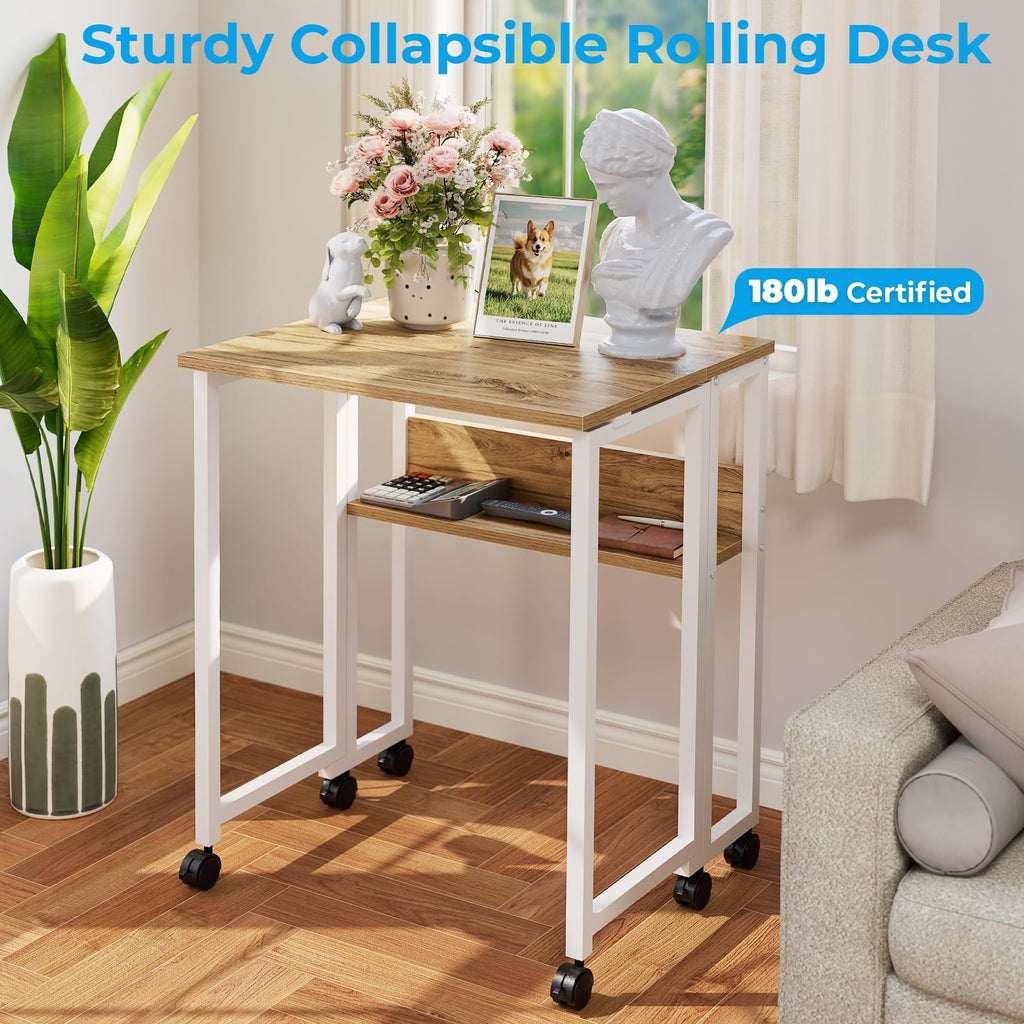 Folding Desk with Wheels, 31.5 Inch Compact Rolling Computer Table with Storage Shelf, Portable Mobile Workstation for Small Spaces, Easy Assembly, Oak
